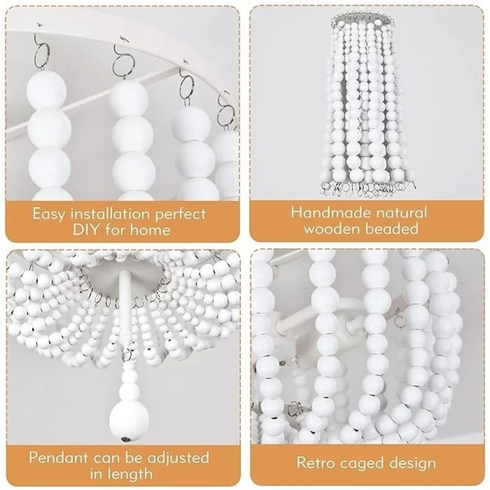 Boho Wood Bead Chandelier White Style Hanging Light Fixture Bohemia 12x13